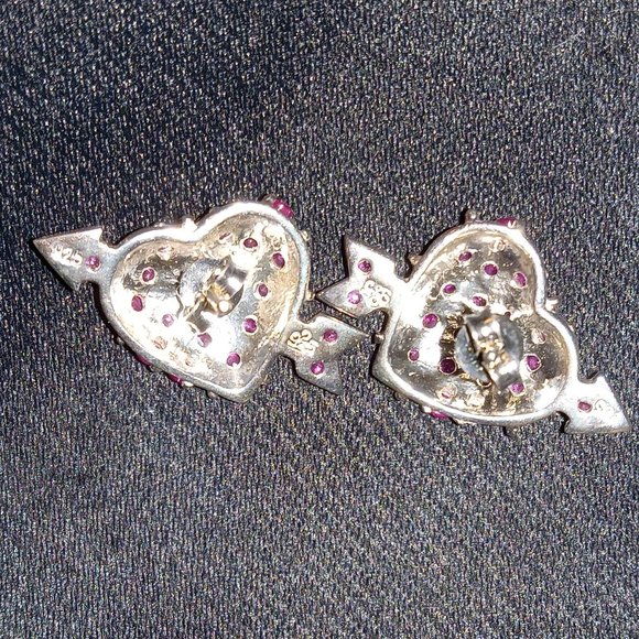 925 Sterling Silver Pink Ruby Cupids Heart Earrings - Picture 2 of 2